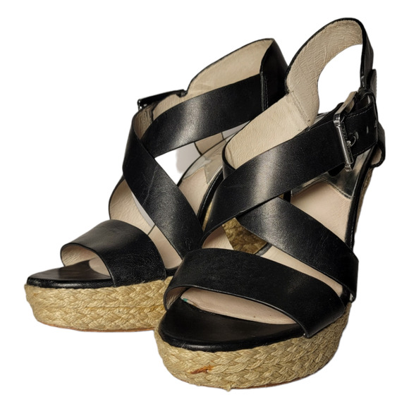 Michael Kors Giovanna Black Leather Espadrille Wedge Sandals  Size 7 - Picture 2 of 5